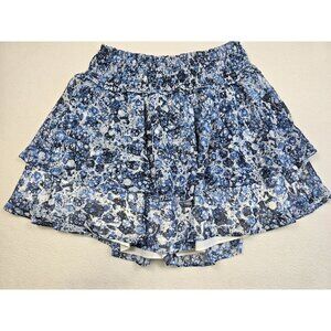 Express Y2K Womens Blue Floral Ruffle Tiered Skirt Size L Elastic Pull On